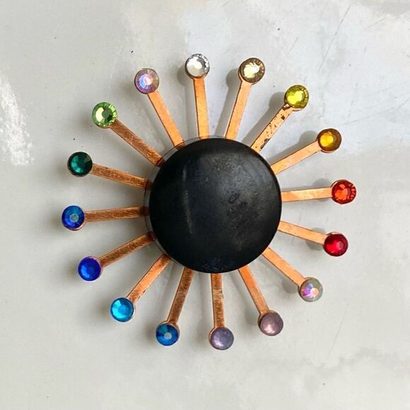 Upcycled Pride Atomic Starburst Refrigerator Magnet Buttons Rhinestones - Picture 1 of 5